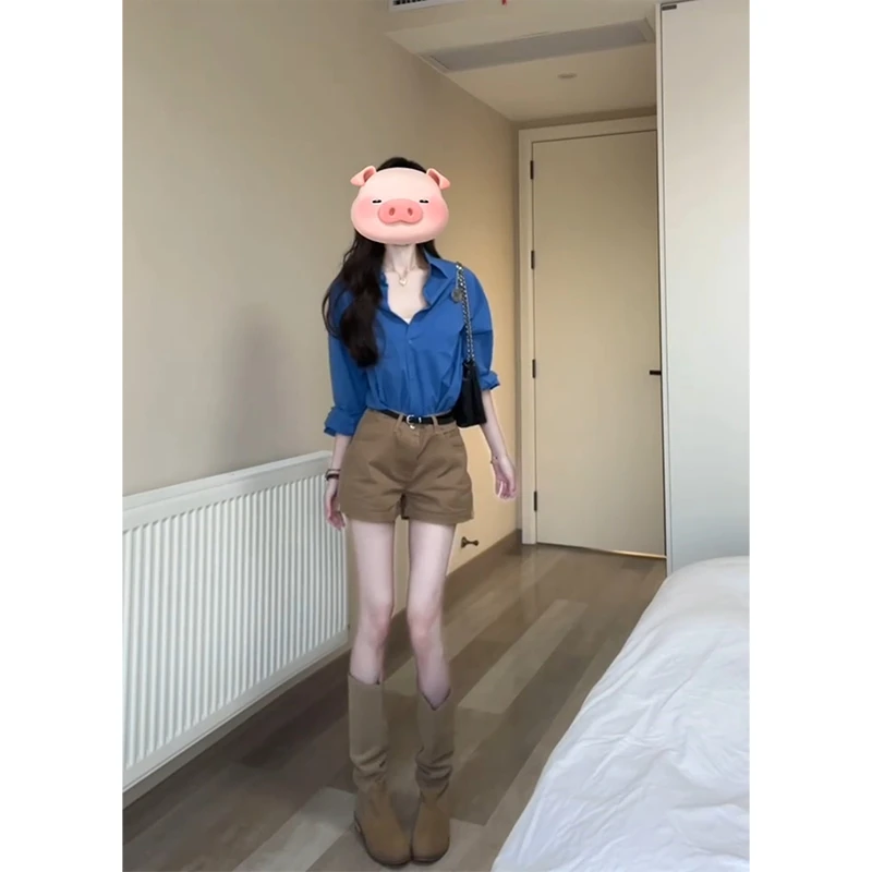 parkyeon蓝色高级感气质polo领衬衫上衣女夏季美式休闲风直筒短裤