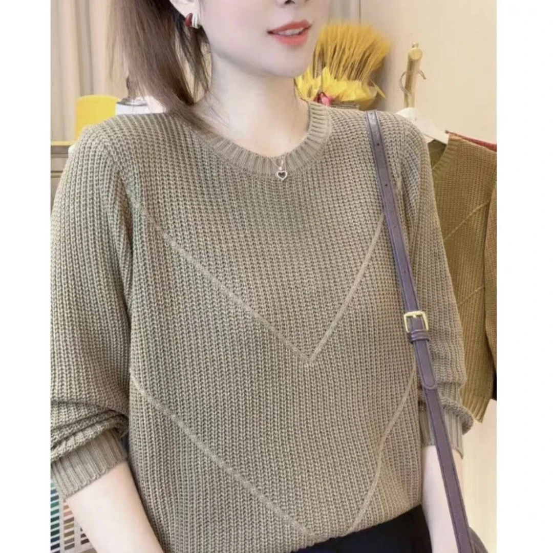 长袖毛衣圆领宽松新款秋冬款洋气上衣百搭时尚针织针织衫遮肚打底