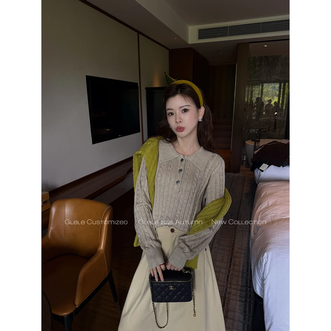Glele私服【老钱麻花毛衫】老钱风polo立体绞花H型正肩毛衫