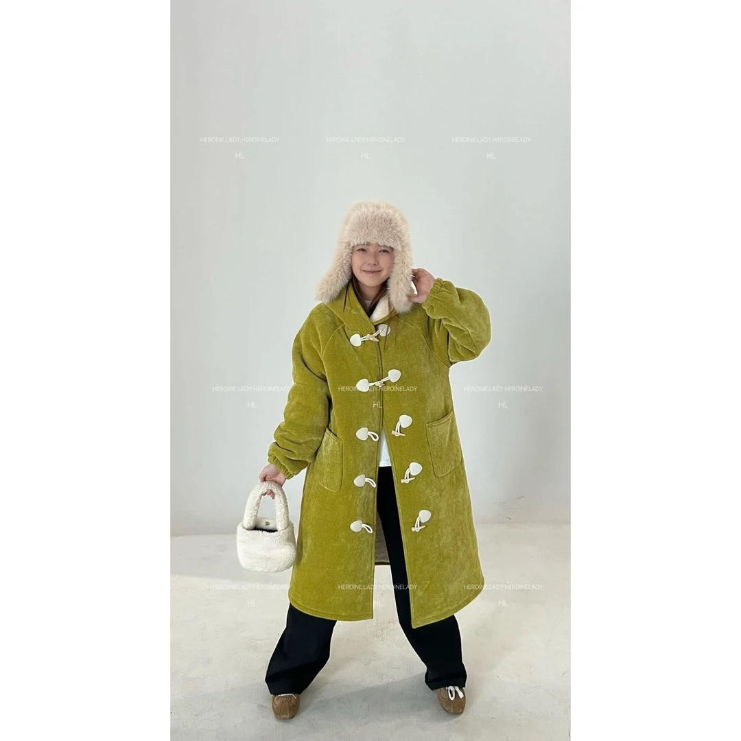 【学院派2.0】HL冬宽松长款纯色时尚棉服牛角扣韩版舒适保暖外套