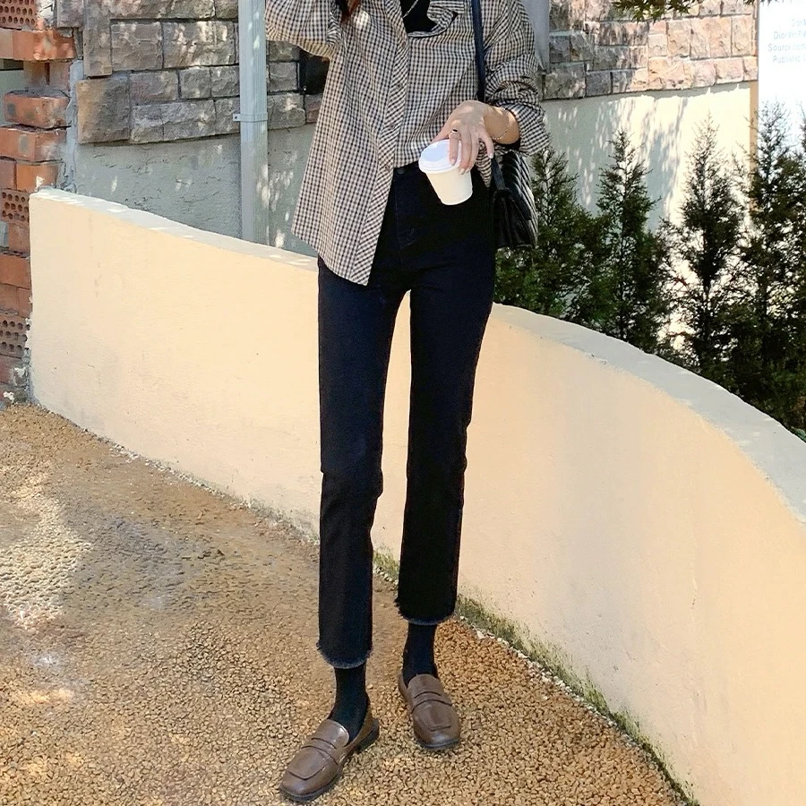 242 【小黑裤】经典九分毛边设计弹力休闲百搭显瘦高腰直筒牛仔裤