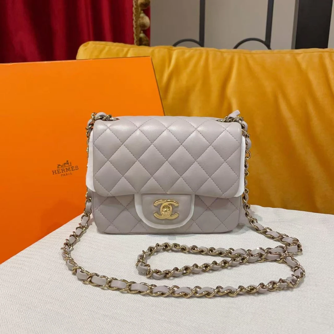 95新 Chanel/香奈儿 22b方胖子灰色金扣羊皮芯片款/88658836