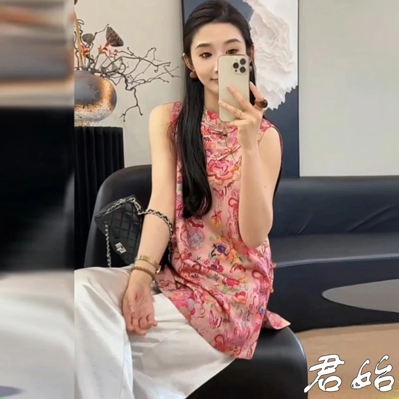国风盘扣衬衫马甲女2025夏季新款老钱风背心裙提花中长款上衣无袖