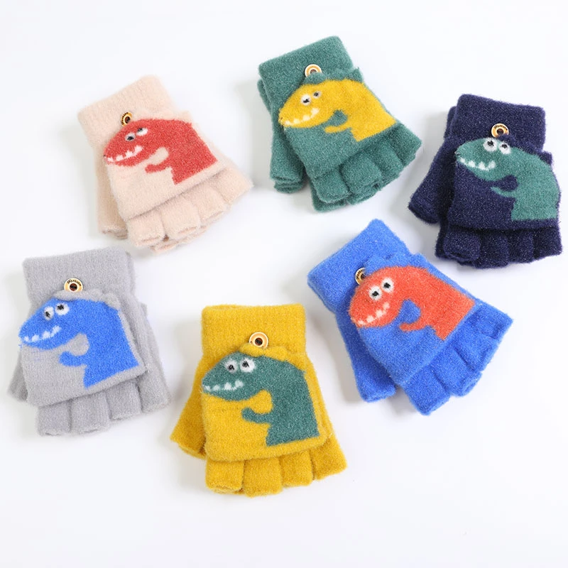 儿童翻盖手套冬季可爱卡通小恐龙毛绒半指手套男孩女孩小学生保暖