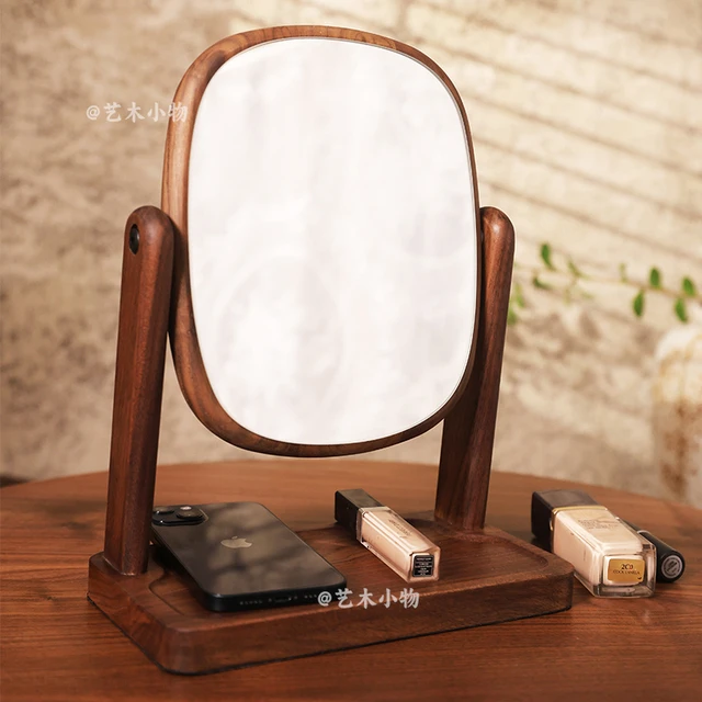 北美黑胡桃木实木化妆镜桌面台式梳妆镜家用卧室可旋转复古高清镜