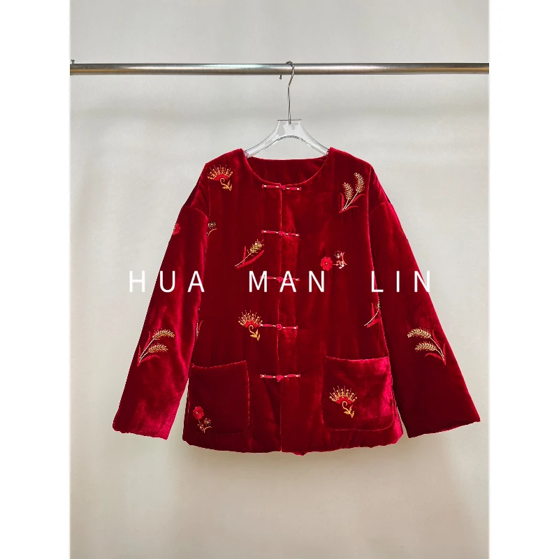 【花满林】‘红红火火’圆领正门襟重工钉珠桑蚕丝丝绒加厚外套257602