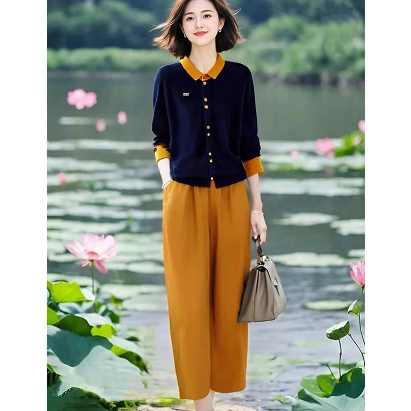 通勤风洋气撞色翻领针织衫上衣女2025春秋季新款松紧腰九分裤套装