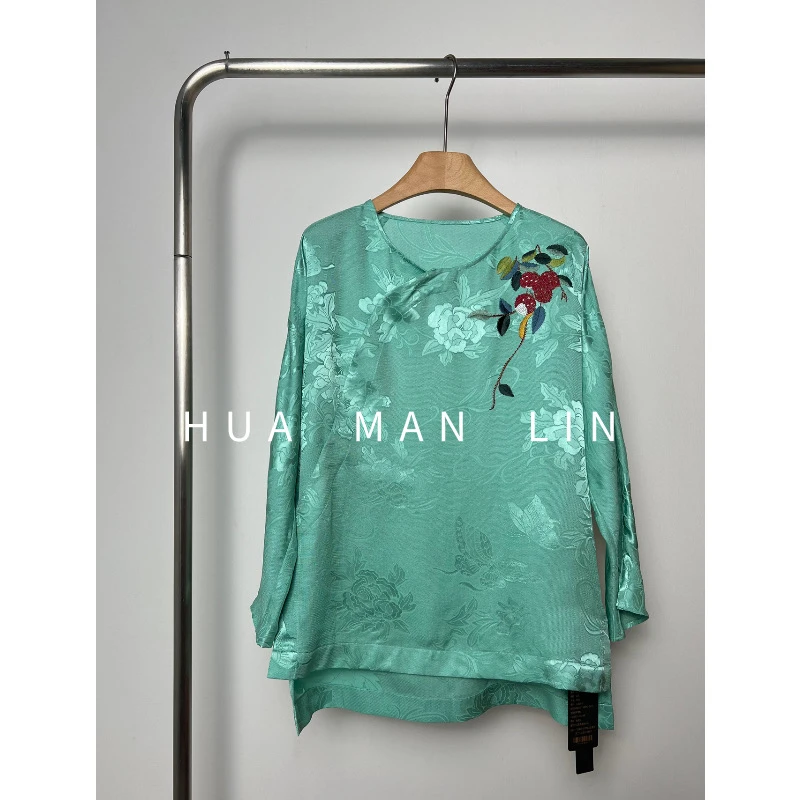 【花满林】圆领斜门襟杨梅刺绣提花花罗真丝桑蚕丝长袖上衣8527