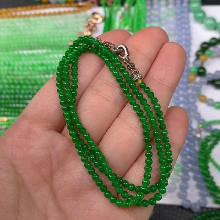翡翠未镶嵌颈饰缅甸天然翡翠冰种辣绿小米珠项链3.1