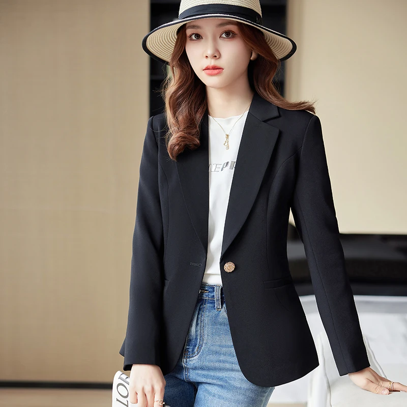 黑色西装女外套春秋新款长袖修身显瘦简约百搭休闲一粒扣西服上衣