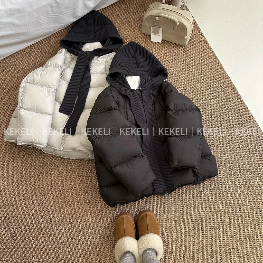 KEKELI 针织连帽羽绒服女冬季韩系宽松加厚保暖百搭白鸭绒外套