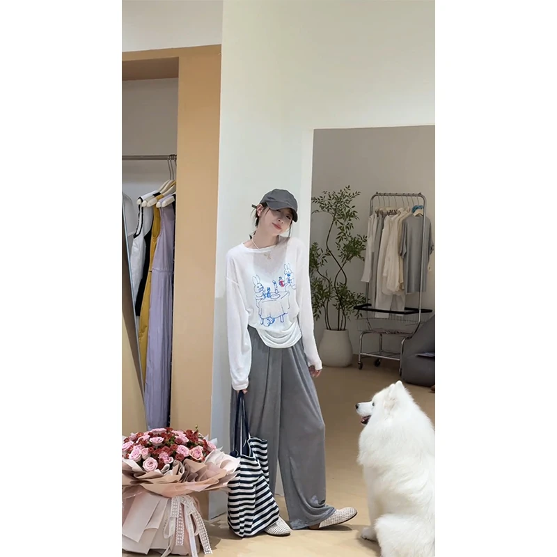 2025夏季新款韩系时尚减龄长袖印花防晒上衣高腰显瘦阔腿裤两件套