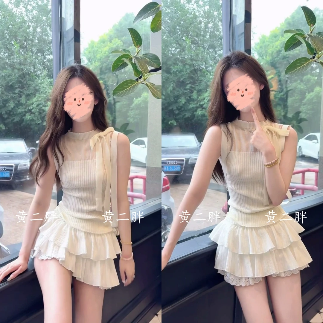 夏季韩系纯欲风蝴蝶结纱网拼接背心女修身针织衫无袖上衣裙子套装