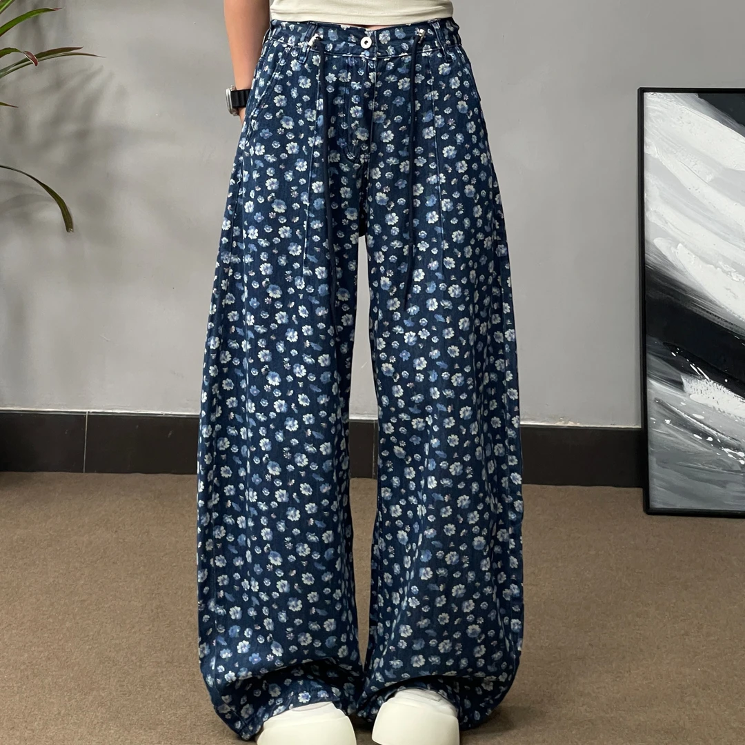 70575夏季碎花阔腿牛仔裤显瘦百搭复古宽松薄款印花时尚休闲裤款.