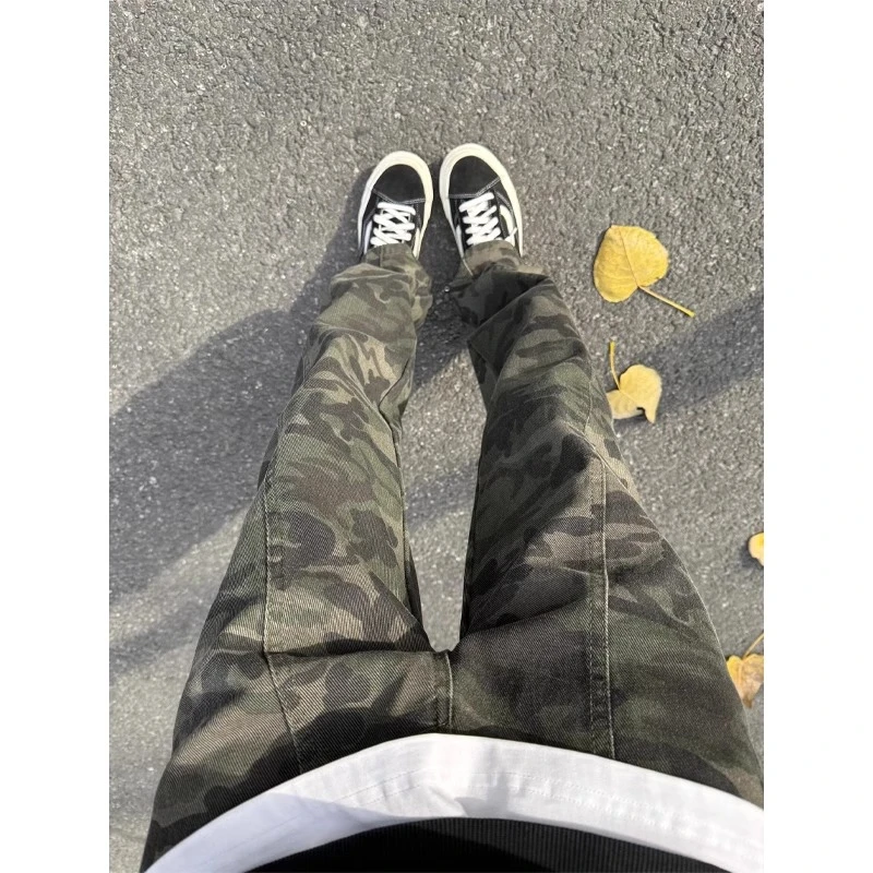 美式迷彩微喇牛仔裤男款冬季ootd穿搭高街风加绒裤子直筒工装男裤