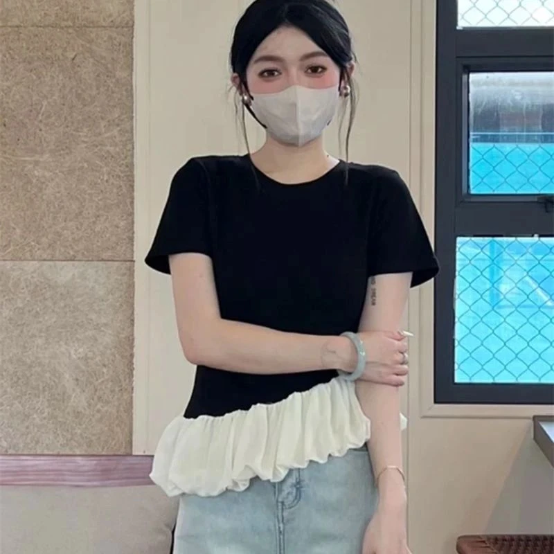 新款芭蕾风荷叶边短袖T恤女2025夏季新款修身收腰褶皱打底衫上衣