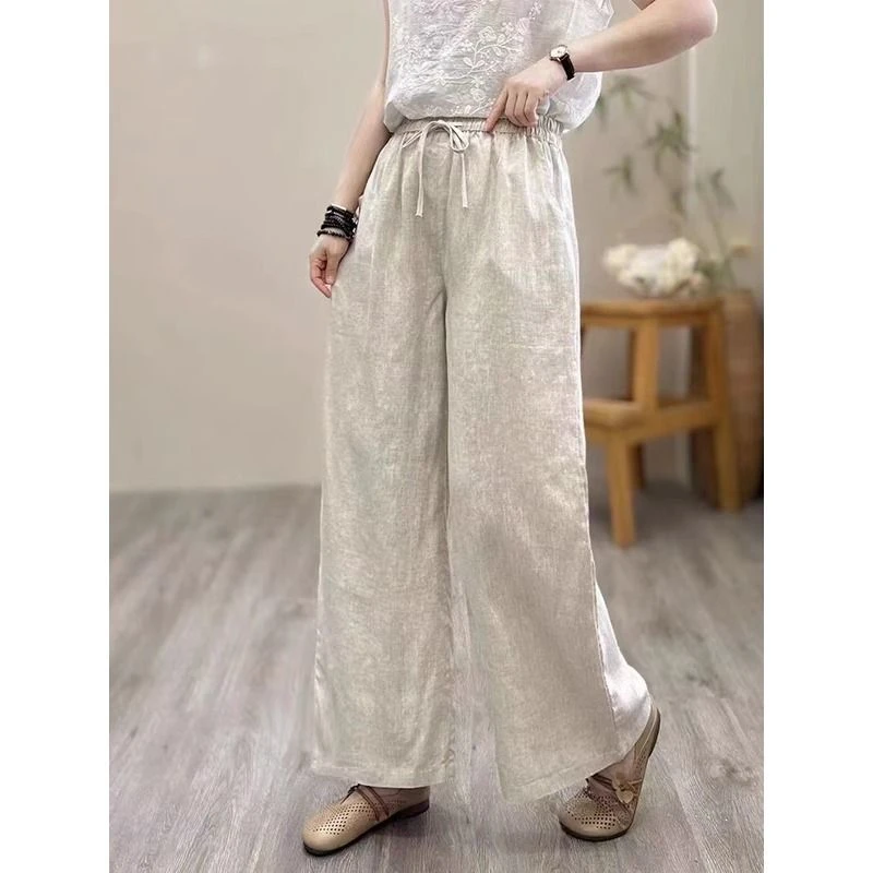 【现货+运费险】复古文艺棉麻高腰阔腿裤松紧腰显瘦百搭薄款休闲裤