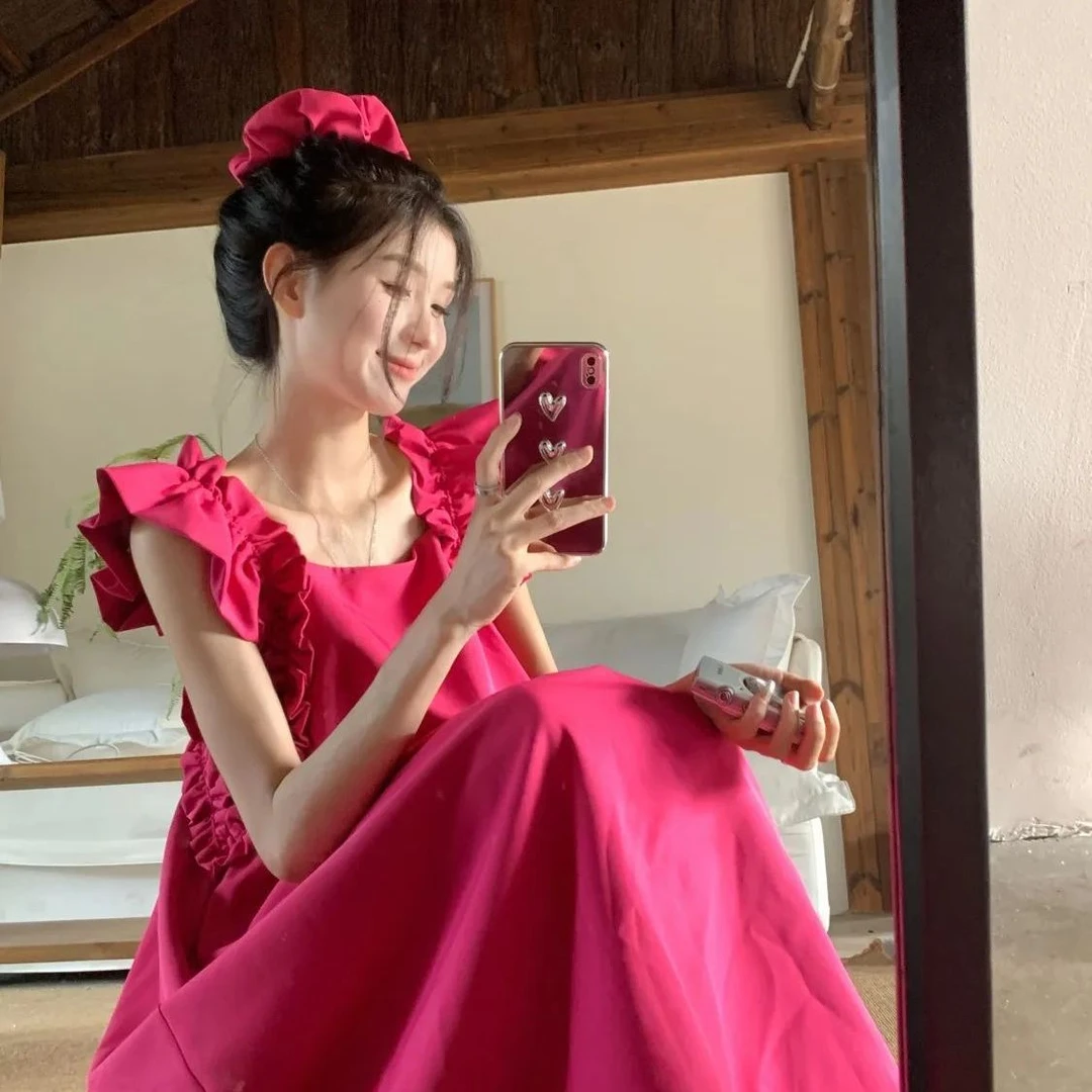 连衣裙长款夏季女小飞袖宽松显瘦甜美方领长裙裙子海边气质玫红色
