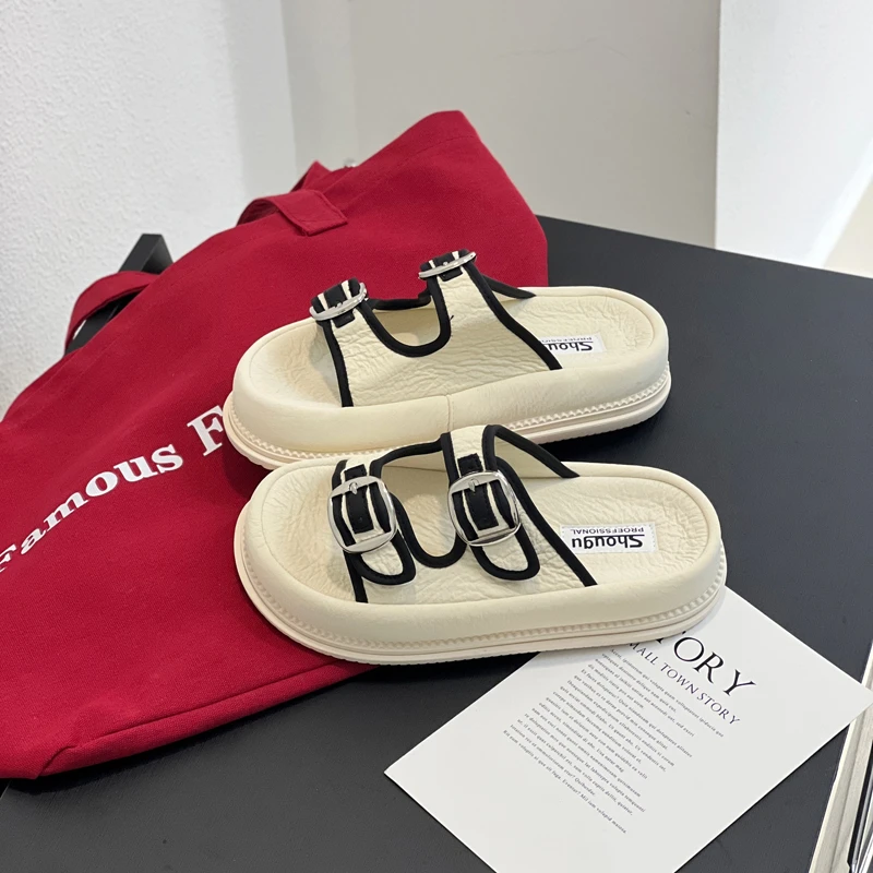 首谷厚底拖鞋女外穿2025夏季新款魔术贴一字拖女休闲沙滩凉拖女