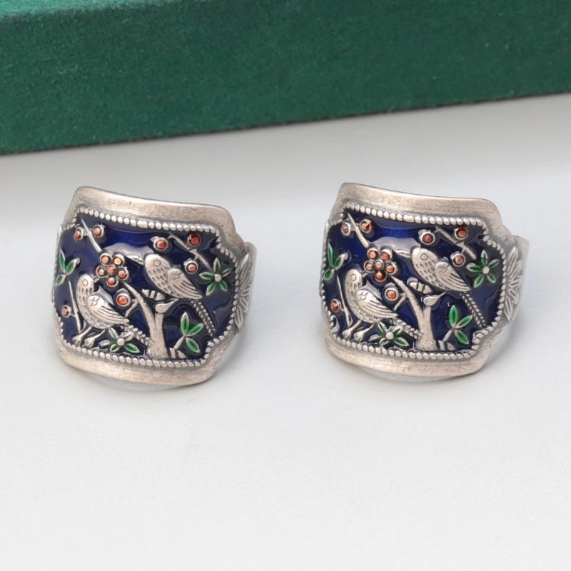 925银戒指 925纯银滴胶滴油工艺喜上眉梢宽面戒指 复古做旧活口