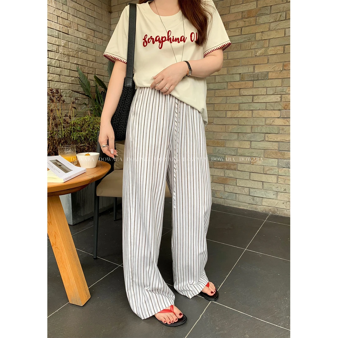 现货大婉酱微胖定制【年轮裤】黑白条纹松紧阔腿裤百搭休闲裤 8519D