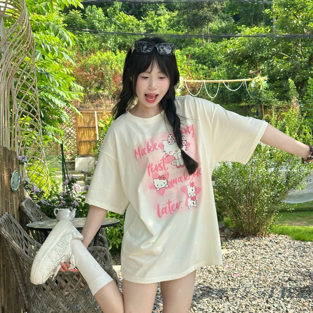 ouousweety【蝴蝶结小猫】百搭夏季宽松印花圆领韩版设计感