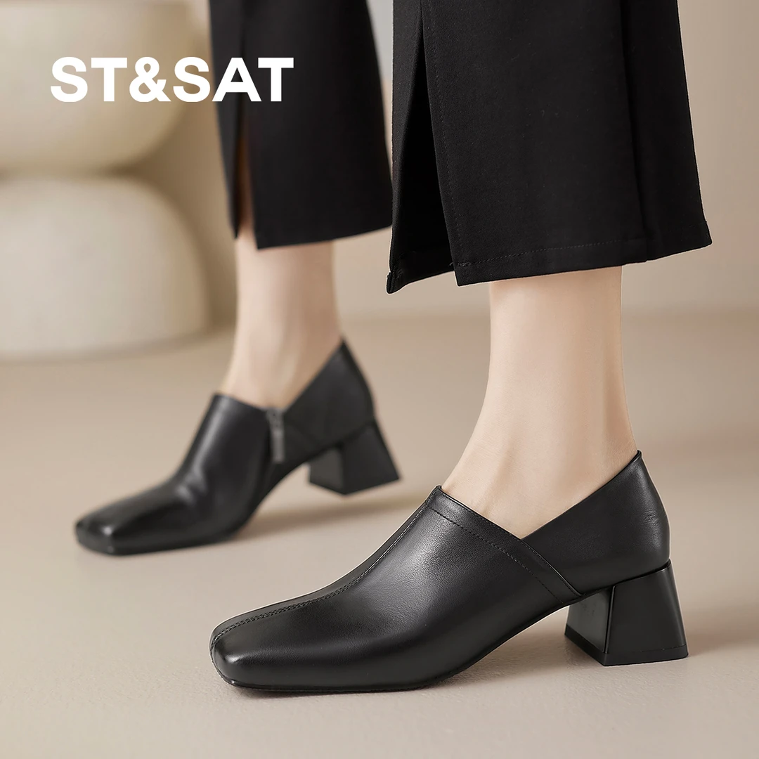 星期六高跟鞋女法式复古粗跟方头深口真皮单鞋女柔软舒适乐福鞋