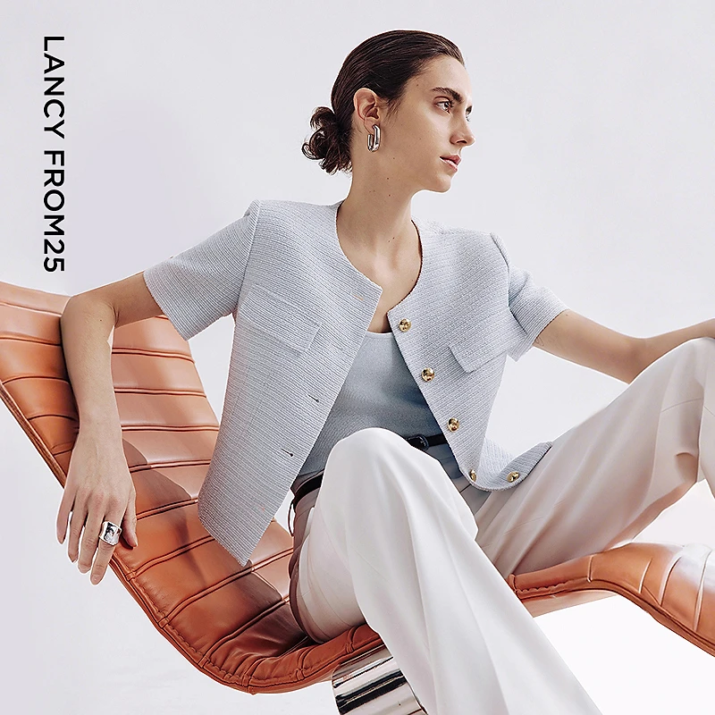 【达人】朗姿法式粗花呢小香风圆领箱型短袖上衣2025年夏新款