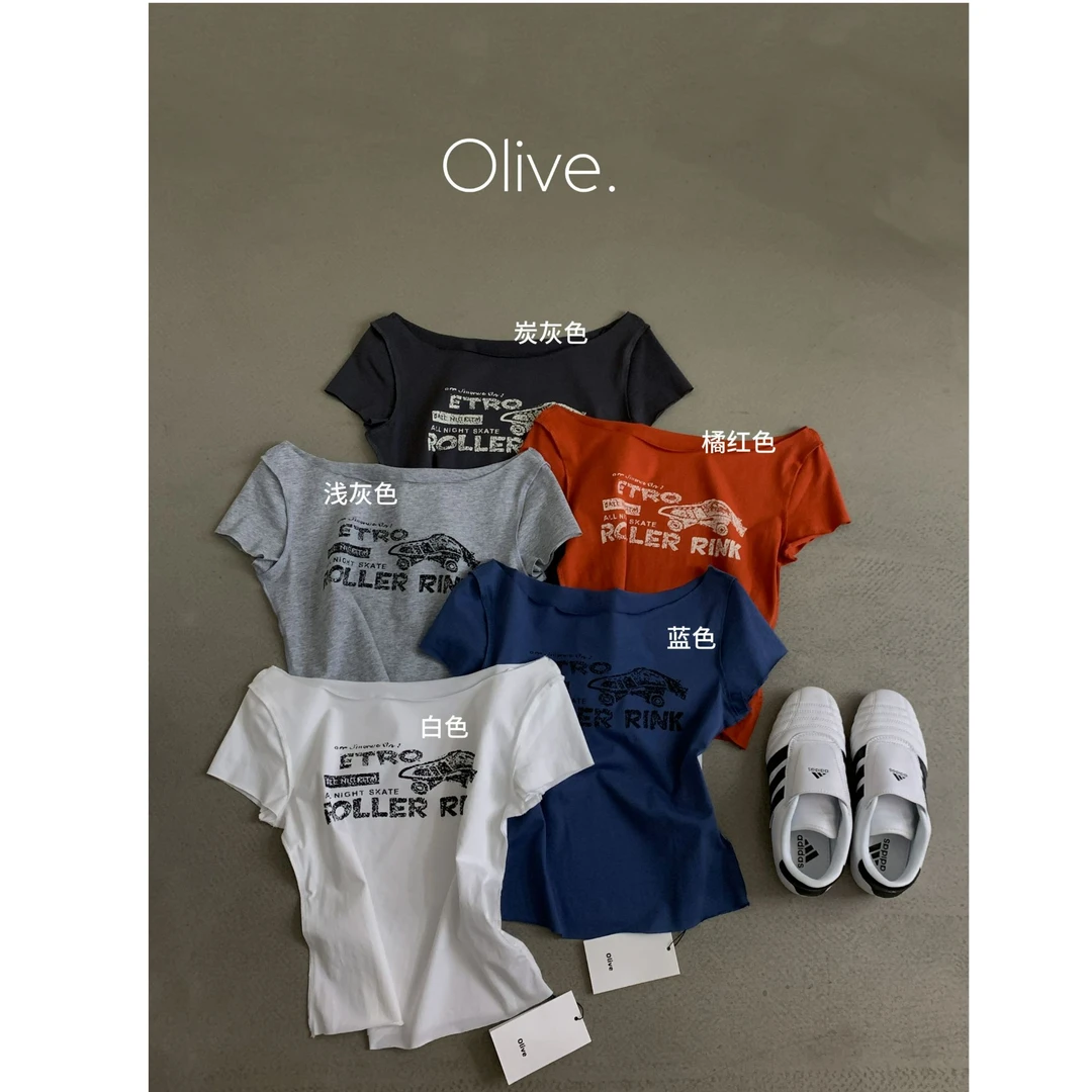 十三行OLIVE-夏季休闲百搭做旧印花T恤#2696