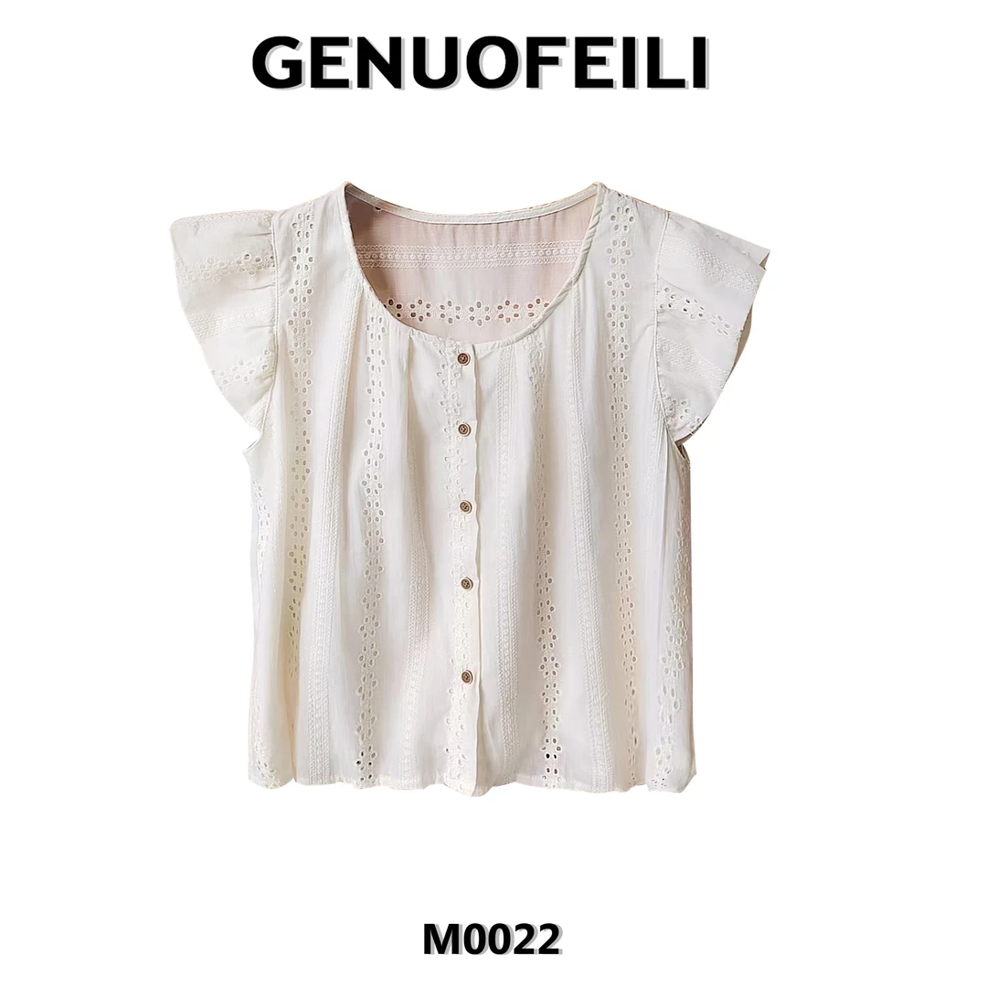 时尚蕾丝白色百搭夏季镂空法式泡泡袖气质轻奢休闲棉麻小衫0022