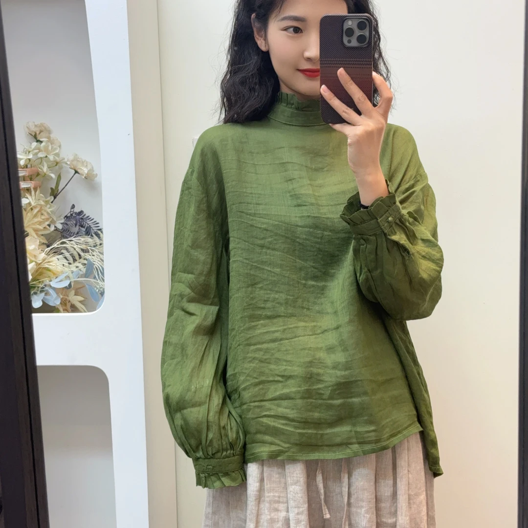 【羽翎】夏季新款苎麻花边领休闲女士防晒衬衫 420