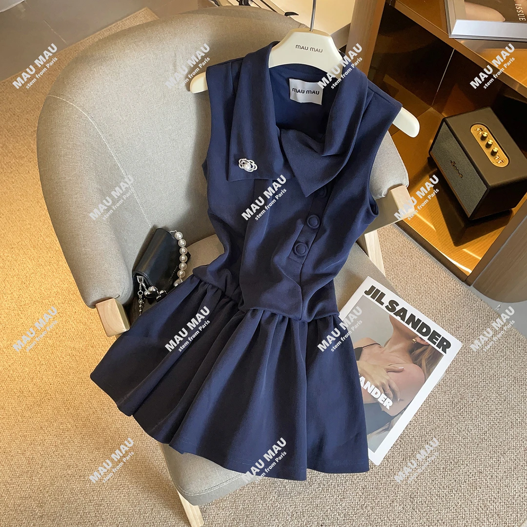 MIUMEN2025夏季法式设计感翻领斜襟少女气质背心连衣裙DY8100