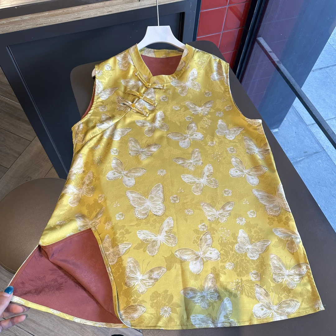 【蝶 奥黛气质时尚显瘦提花斜襟长款开叉无袖上衣