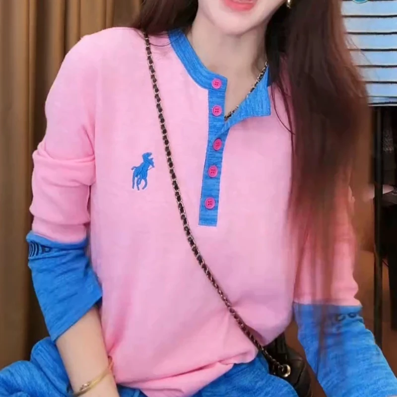 韩系多巴胺撞色长袖T恤女早秋季新款宽松显瘦半开领上衣LK2506110