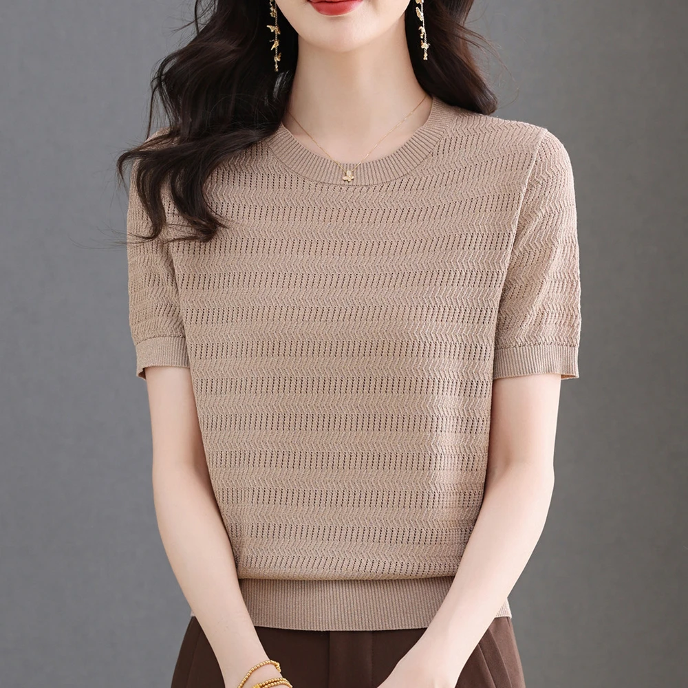 【天丝】夏季新款女士宽松镂空钩花短袖不透肉清凉圆领针织T恤衫