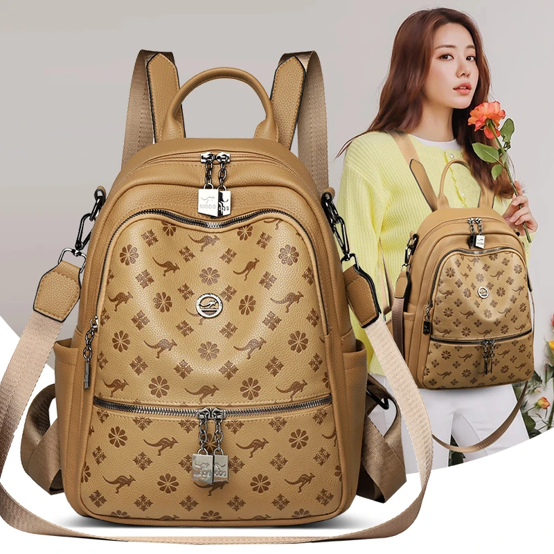 正品玫瑰袋鼠双肩包女皮包2025新款背包软皮大容量女士旅行妈妈包