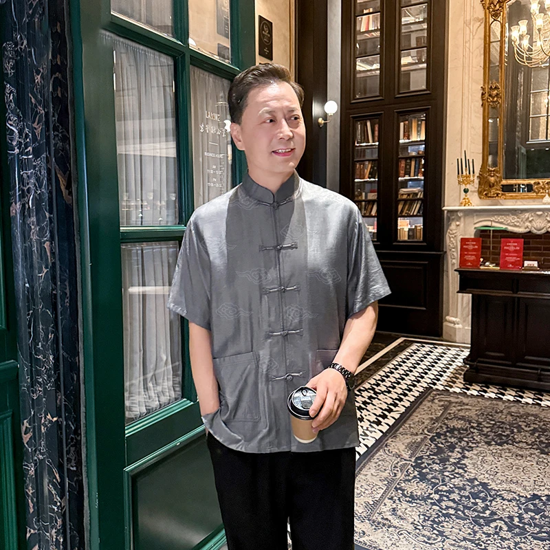 中老年爸爸装夏季薄款唐装套装男中年休闲中国风短袖上衣冰丝衬衫