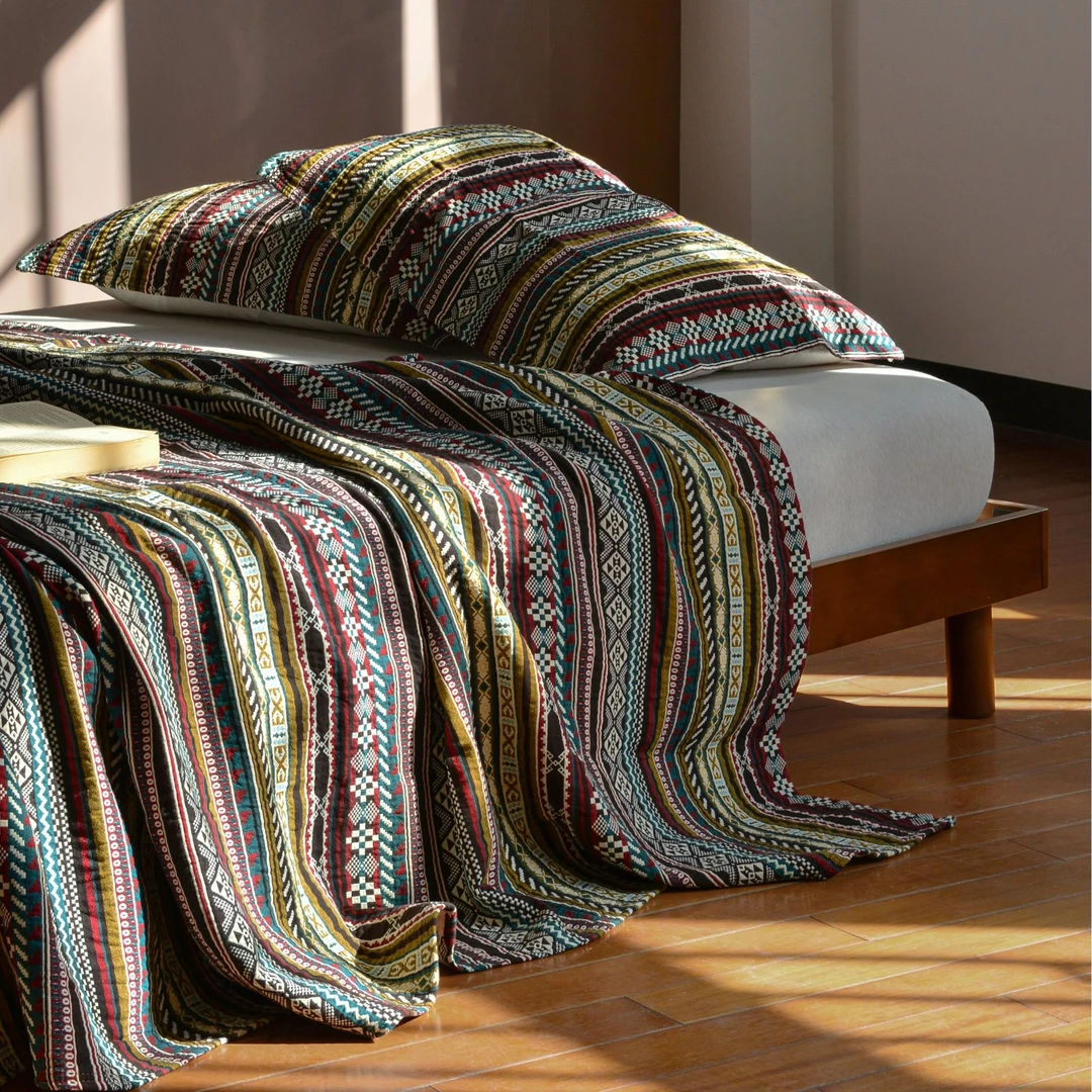 日式条纹四层纱布全棉色织欧式床盖盖布透气柔软枕巾纯棉100%全棉