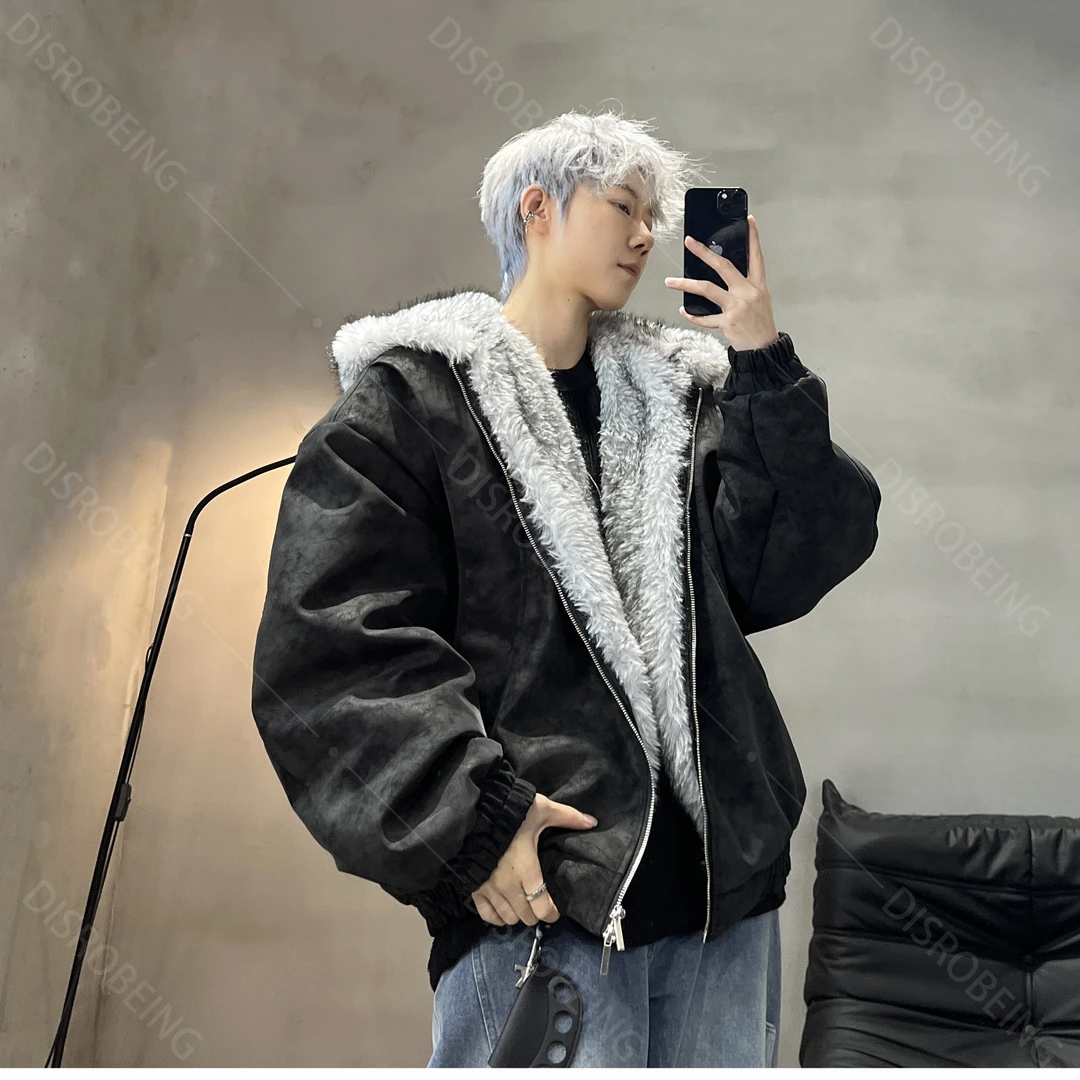 DISROBEING连帽厚款加绒男女潮流皮衣复古美式保暖冬季外套座山雕