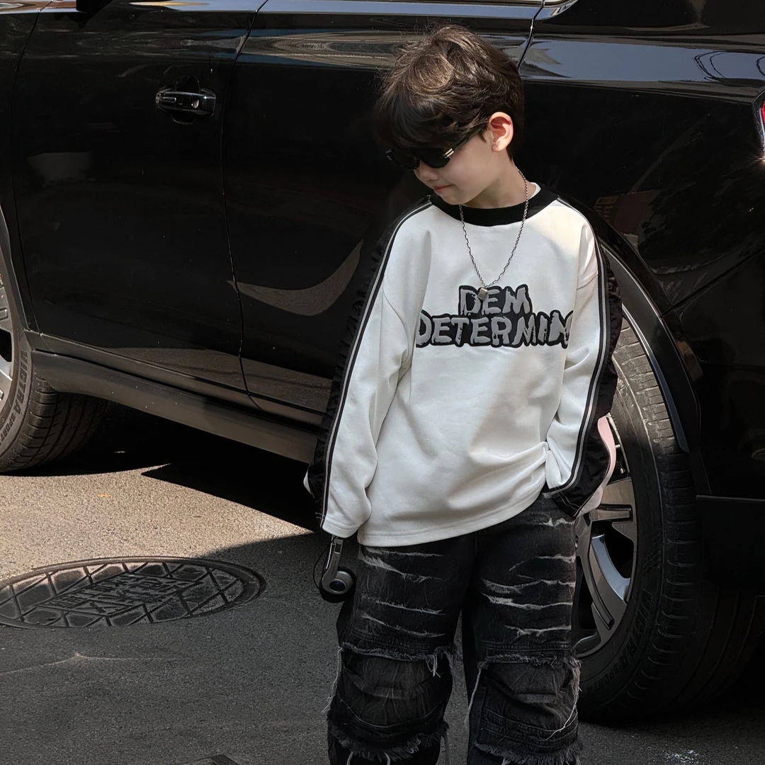 2025春季新款韩版男童长袖T恤美式字母高街休闲打底儿童上衣