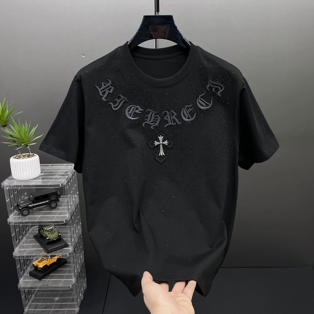 【TQUX港奢男装】潮流烫钻十字架刺绣短袖T恤男2025轻奢新款百搭