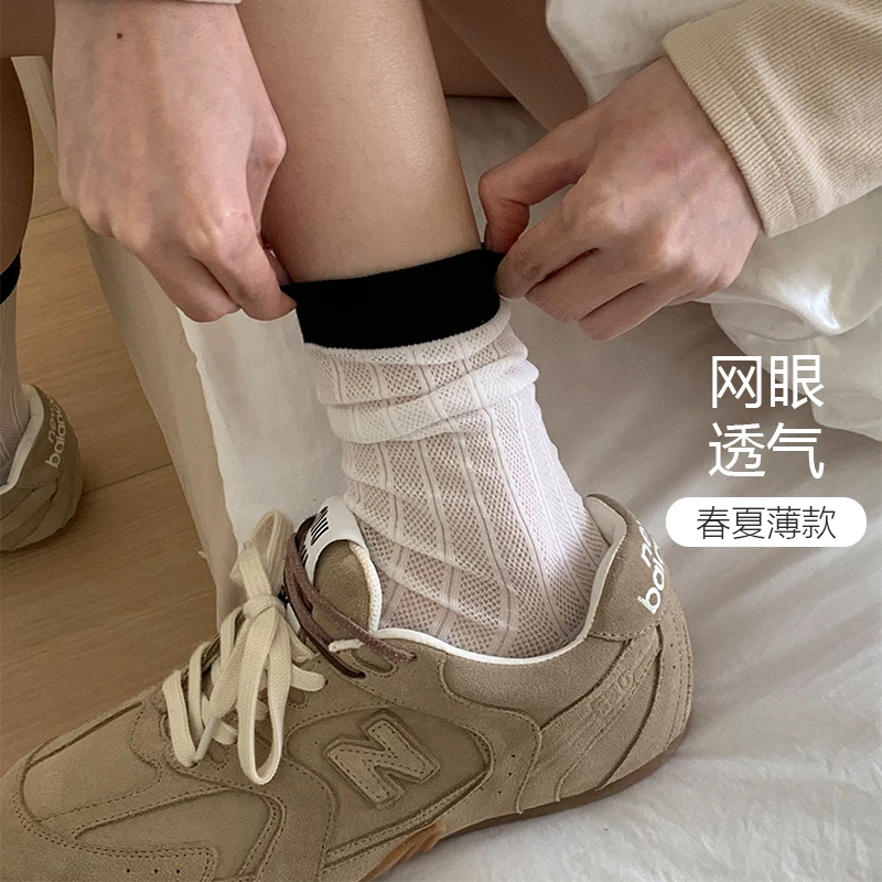 韩系网眼薄款中筒袜芭蕾风透气镂空纯棉夏季日系可爱ins风堆堆袜