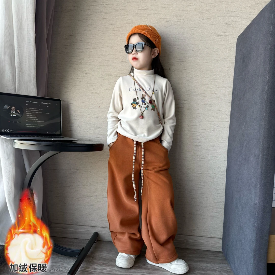 女童冬季半高领德绒长袖保暖打底衫小女孩内搭上衣加绒休闲裤卫裤