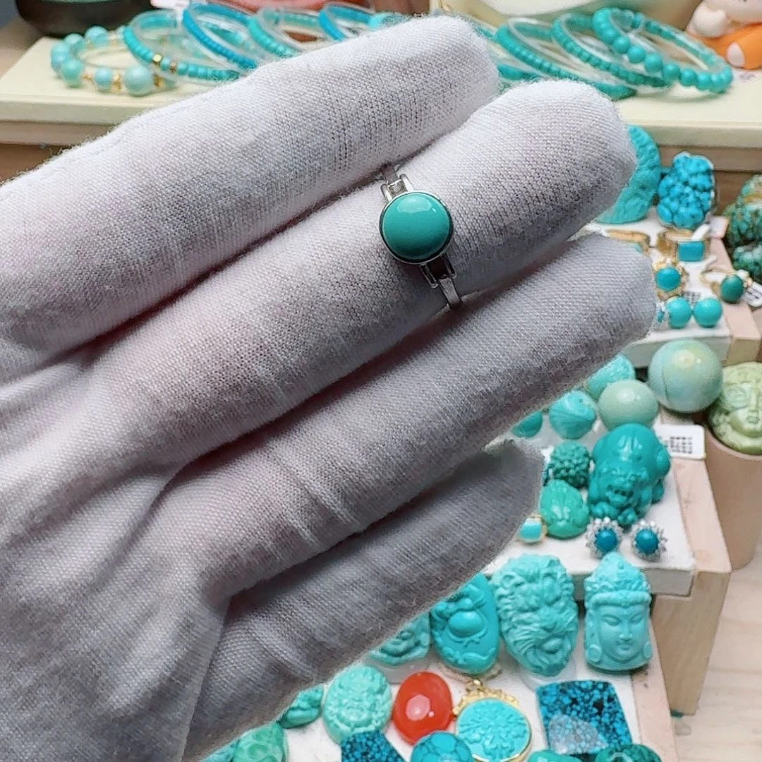 绿松石银S925镶嵌高瓷绿特色水波纹马鞍戒