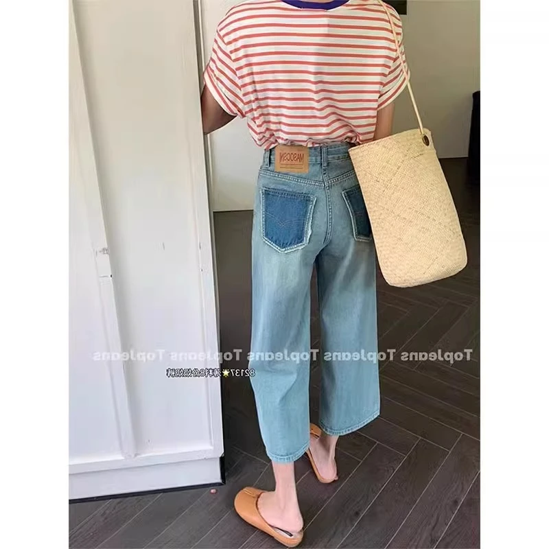 夏季新款八分直筒牛仔裤女胖mm大码小个子口袋撞色高腰宽松阔腿裤