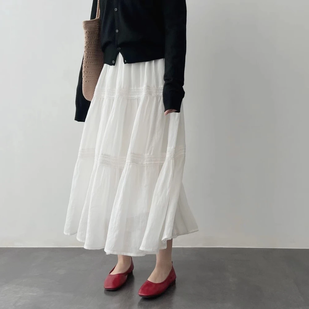 小清新。洞庭100支苎麻蕾丝拼接A字显瘦蛋糕半身裙中长款款