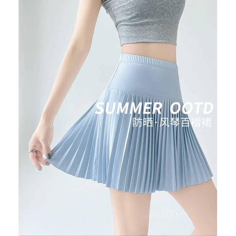 蓝色冰丝短裙女夏季防晒瑜伽裙子休闲防走光jk百褶半身裙2025新款