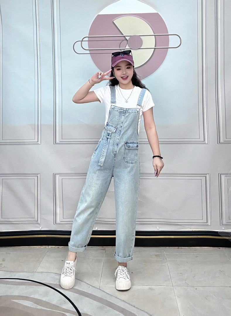 【YY】夏款薄荷色牛仔背带裤小个子休闲宽松高腰浅色吊带裤飘带设计