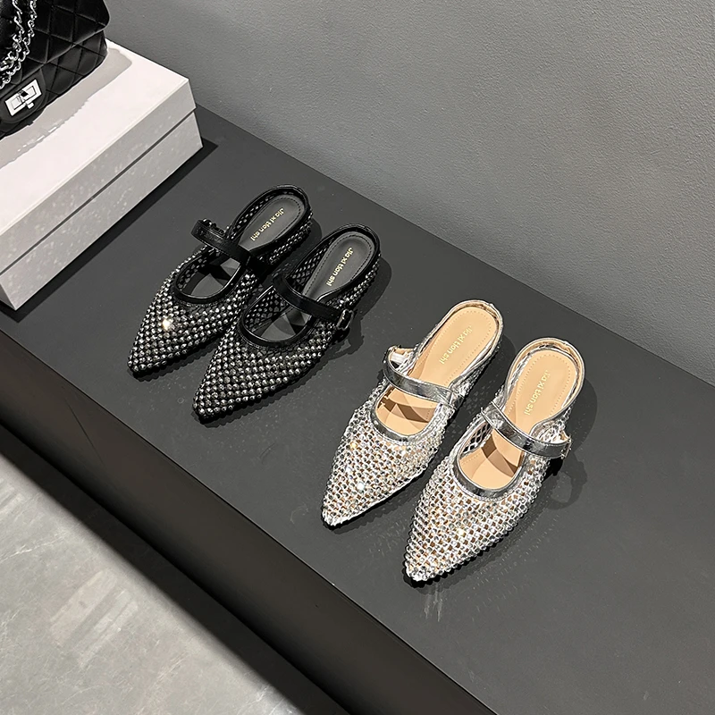 闪耀星空~包头半拖鞋子女外穿夏季新款水钻编织镂空玛丽珍凉拖鞋