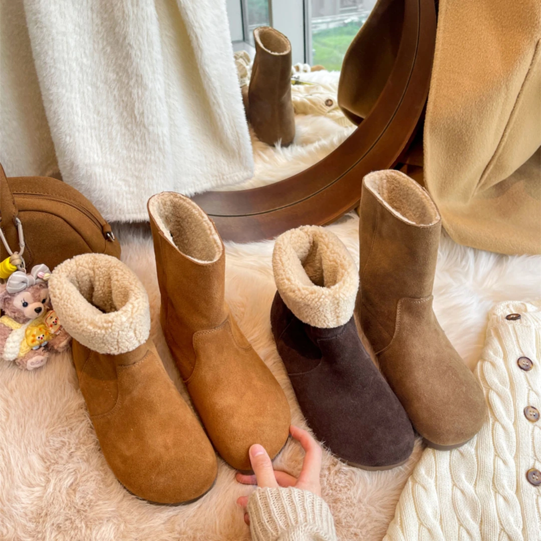 复古两穿加绒保暖雪地靴女款2025秋冬新款平底勃肯短靴毛毛棉鞋